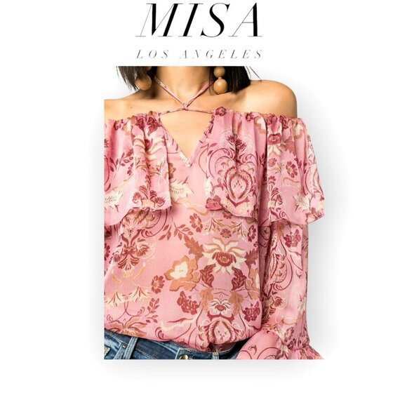 Misa Los Angeles Soraya Pink Floral Ruffle Halter Cold Shoulder Blouse - Picture 1 of 15